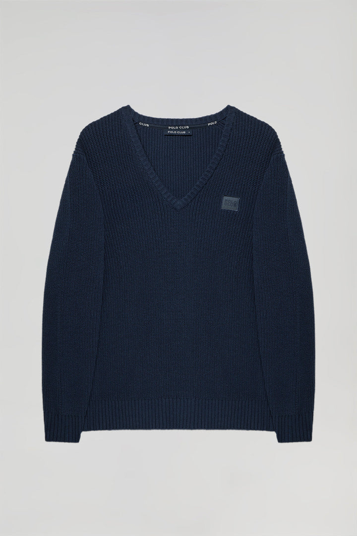 Maglione blu marino in maglia spessore 9 con particolare Polo Club