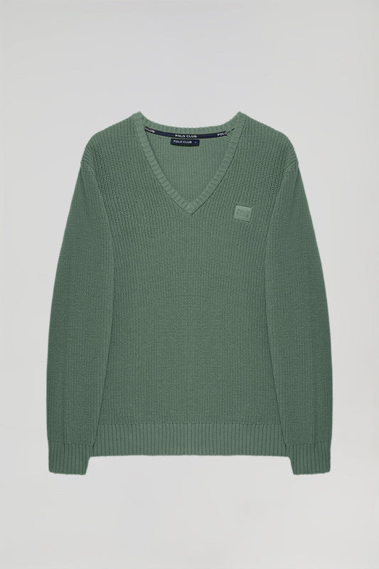 Groene gebreide trui met draaddikte 9 met Polo Club-detail