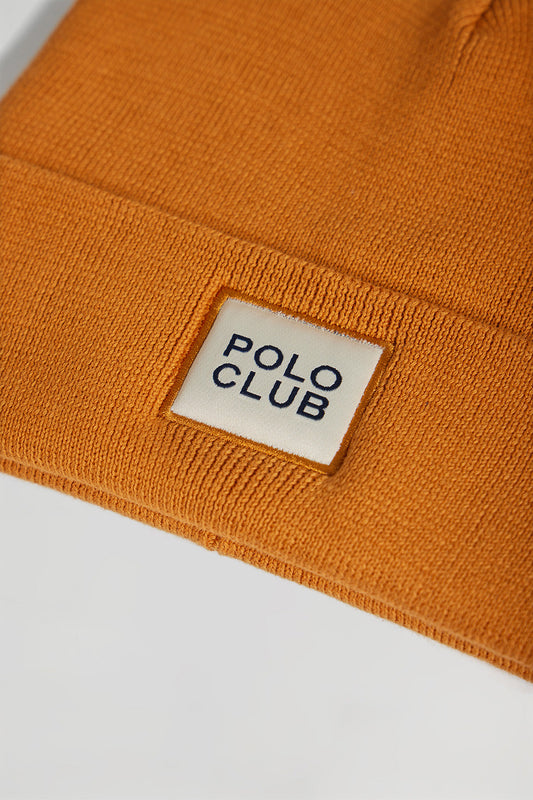 Wełniana czapka unisex w kolorze kurkumy z detalem Polo Club