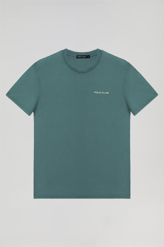Maglietta organica vintage color acquamarina con particolare Polo Club