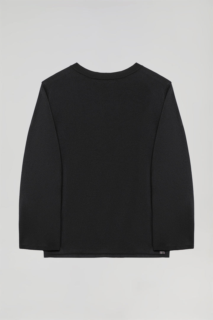 Pullover schwarz mit Rundhals-Ausschnitt und Perlmuttknopf