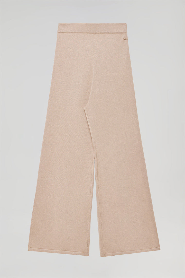 Soft-brown long knit pants with pearly button detail