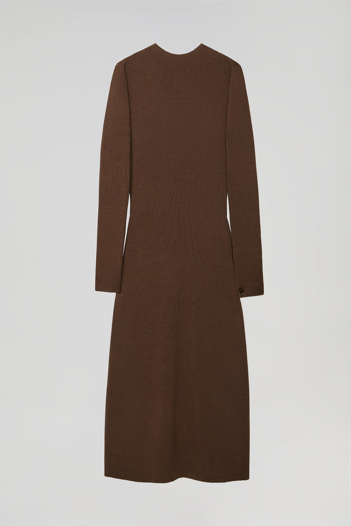 Robe midi en maille marron avec détails Polo Club sur la manche