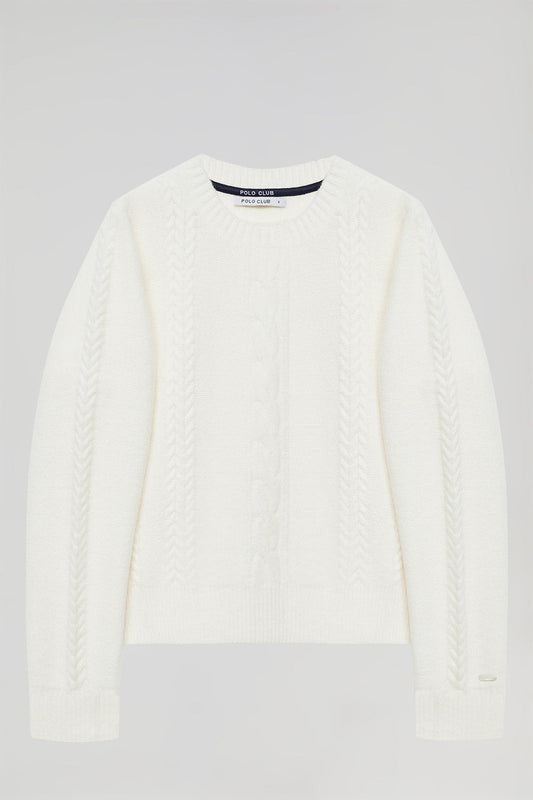 Beige round-neck plaited knit jumper with Polo Club sleeve detail