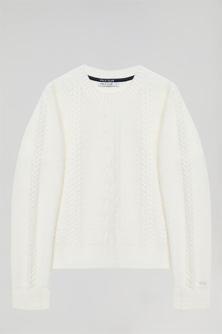 Beige round-neck plaited knit jumper with Polo Club sleeve detail