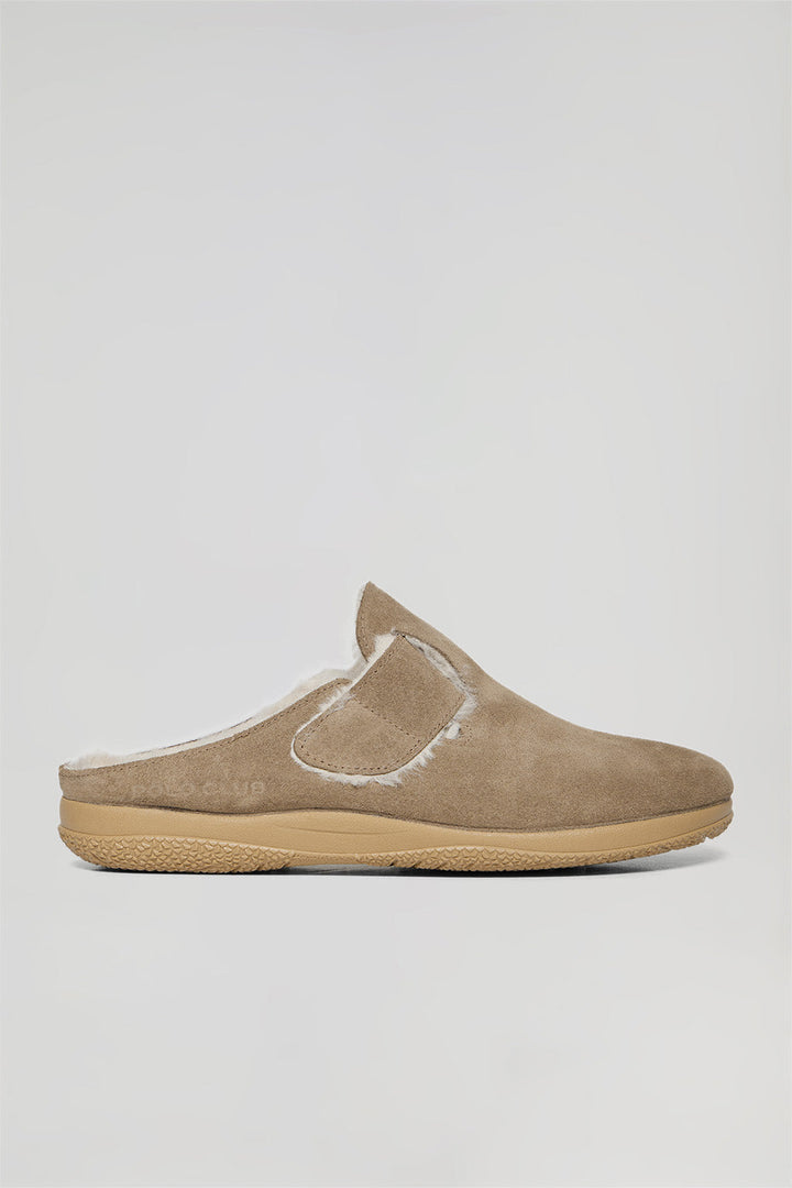 Sand suede slippers with Polo Club detail for women