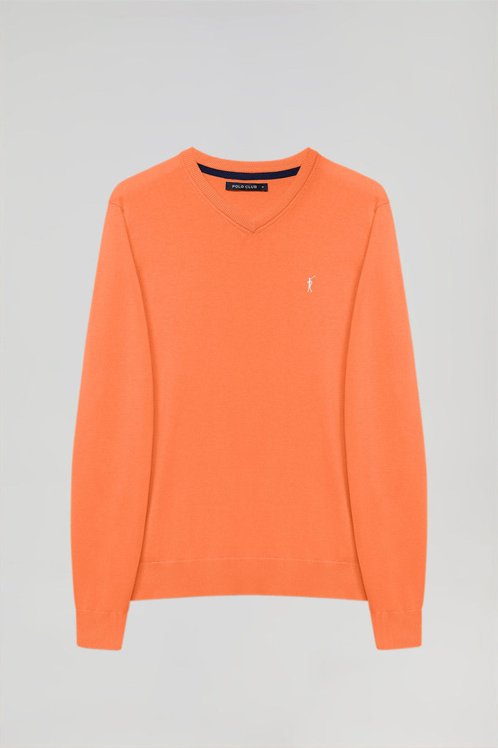 Schlichter Pullover sanftes orange mit V-Kragen und Rigby Go Logo