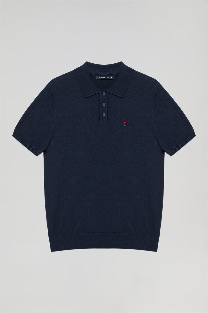 Navy-blue knit polo shirt with Rigby Go embroidery
