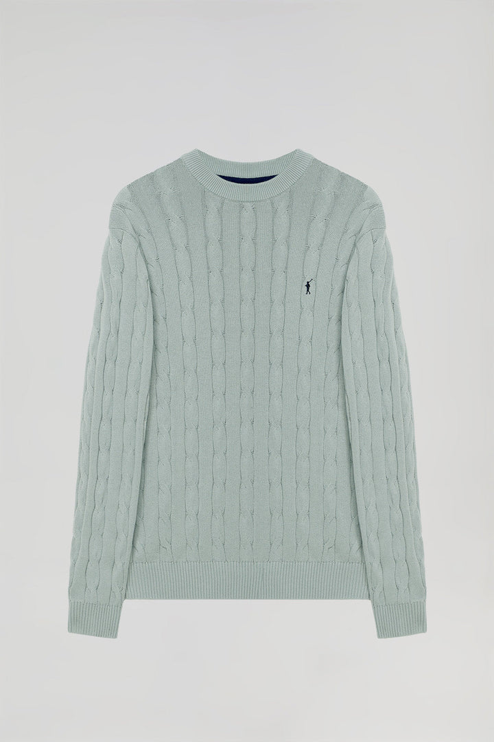 Grey-blue braided jumper with Rigby Go embroidery