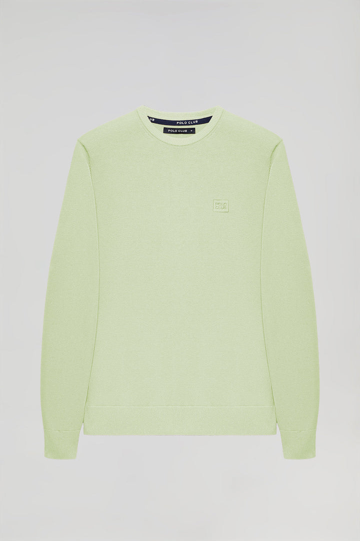 Maglione basic a girocollo verde leggero con logo ricamato tono su tono