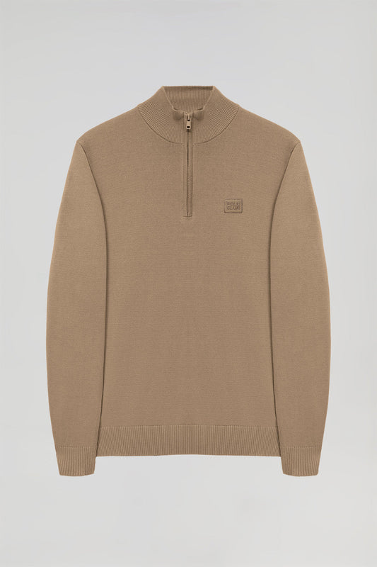 Light-brown basic jumper with zip and embroidered logo in matching colour