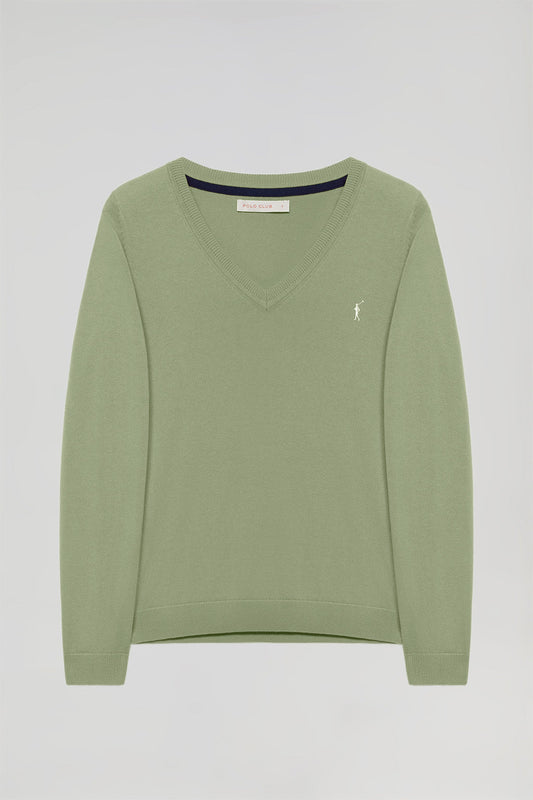 Jade-green V-neck basic knit jumper with Rigby Go logo
