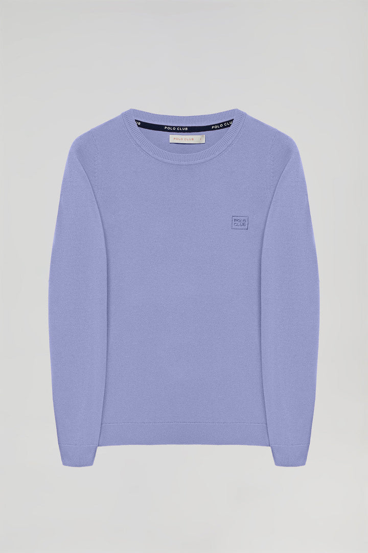 Basic lavendelblauwe trui met ronde hals en geborduurd logo in dezelfde kleur