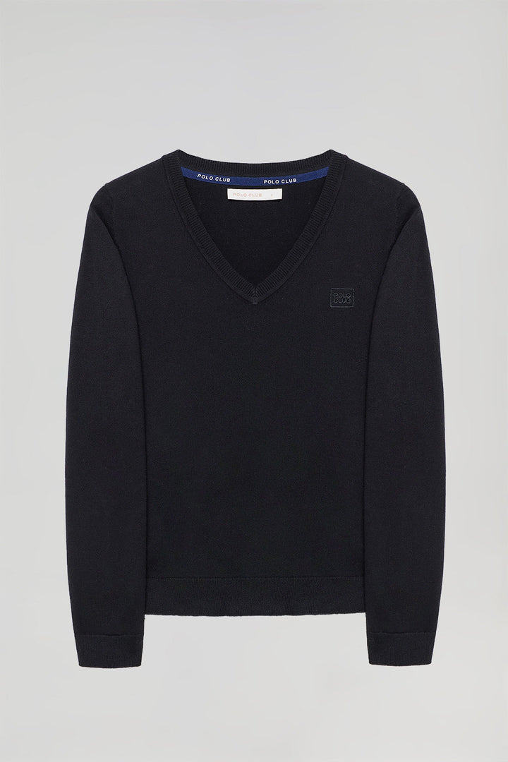 Black V-neck basic jumper with embroidered logo in matching colour