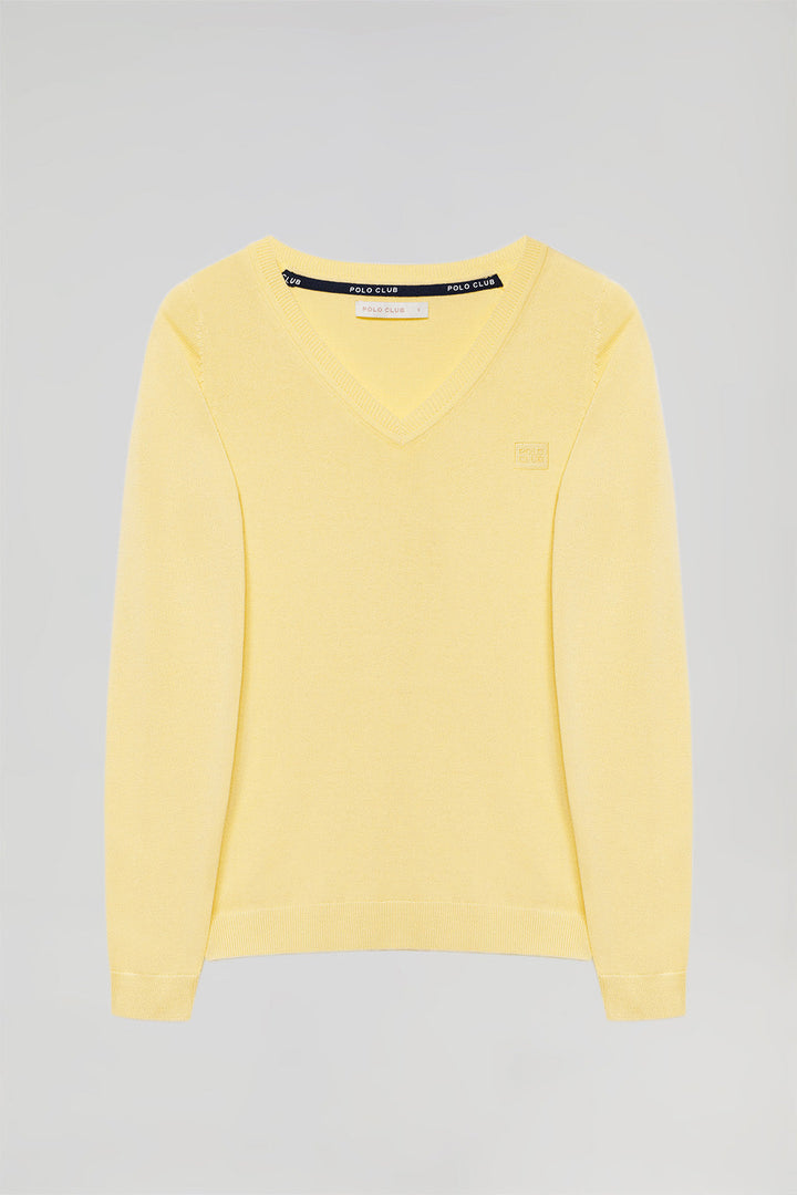 Pull basique jaune pâle à col en V et logo brodé ton sur ton