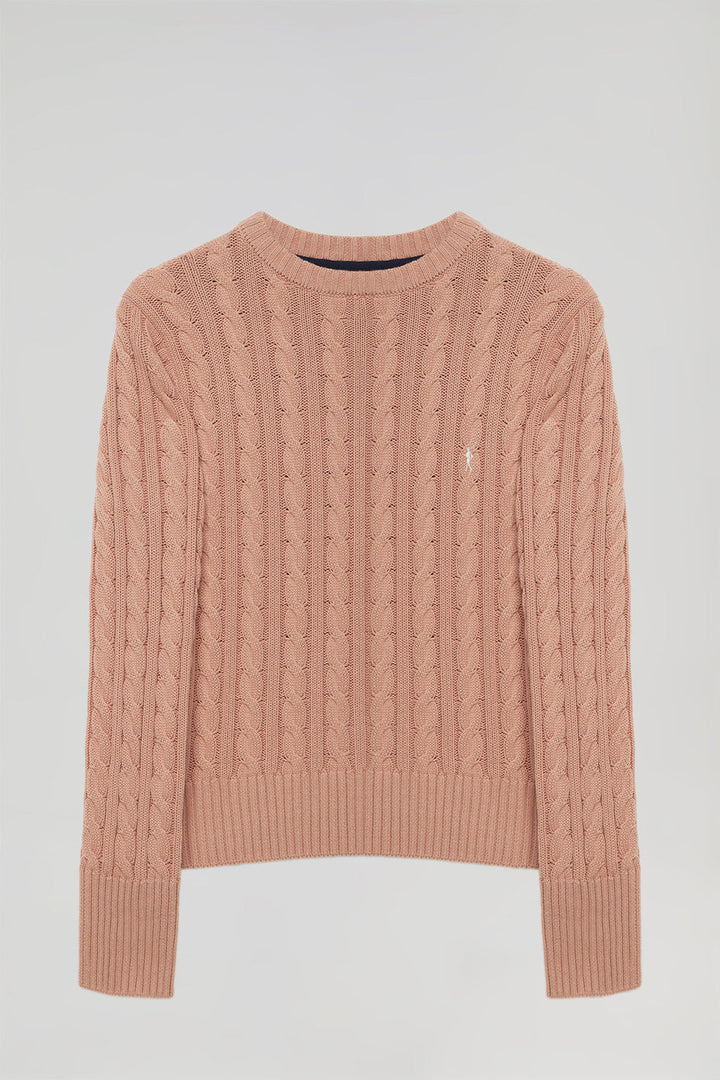 Pale-pink cable-knit jumper with Rigby Go embroidery