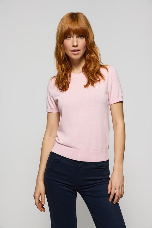 Pink-marl short-sleeve round-neck knit jumper with Rigby Go logo