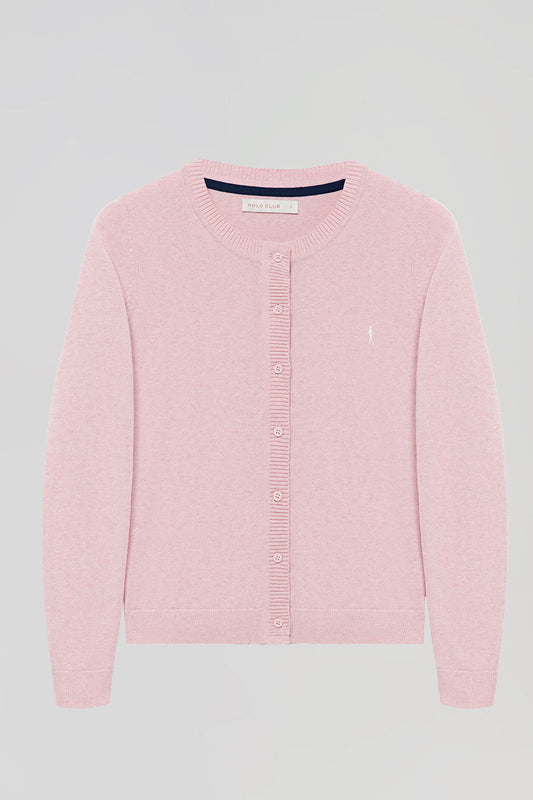 Pink-marl knit cardigan with buttons and embroidered Rigby Go logo