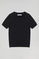 Black round-neck short-sleeve knit jumper with embroidered logo in matching colour