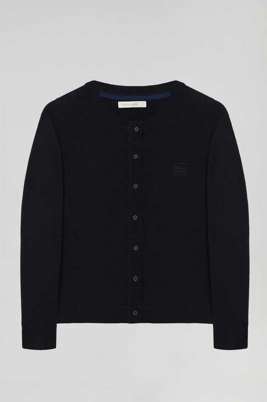 Black knit cardigan with buttons and embroidered logo in matching colour