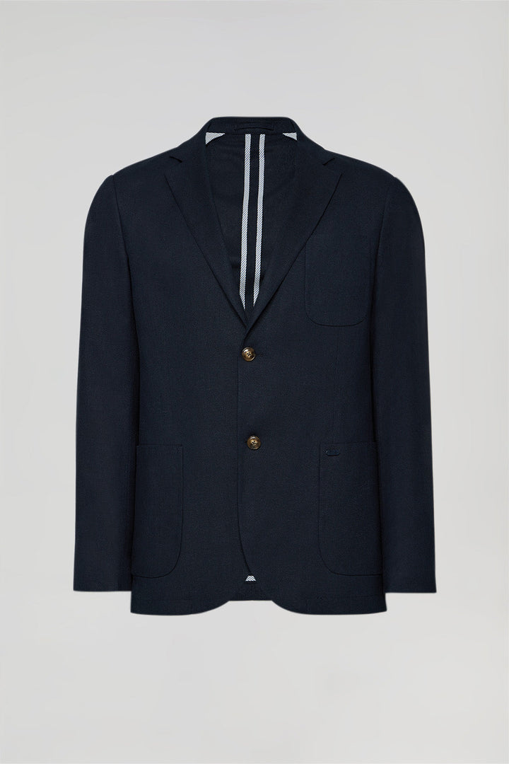 Marineblauwe linnen blazer met knopen en Polo Club-details