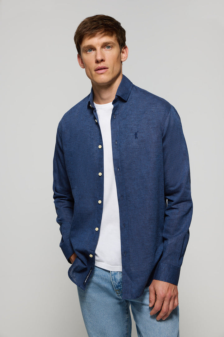 Navy-blue linen and cotton shirt with Rigby Go logo