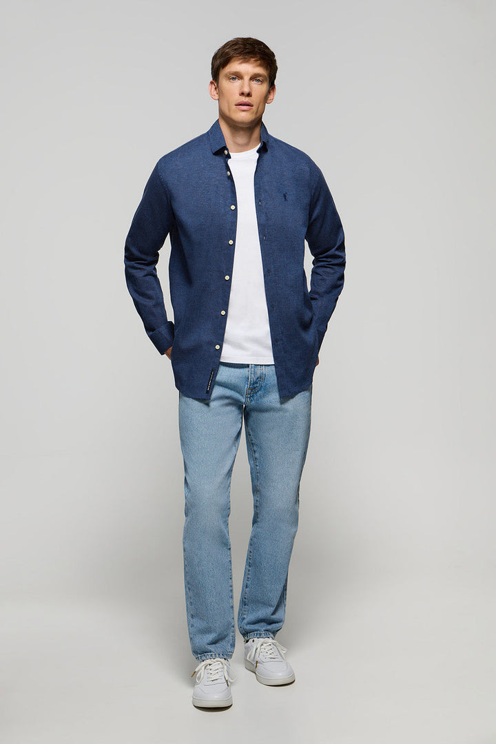 Navy-blue linen and cotton shirt with Rigby Go logo