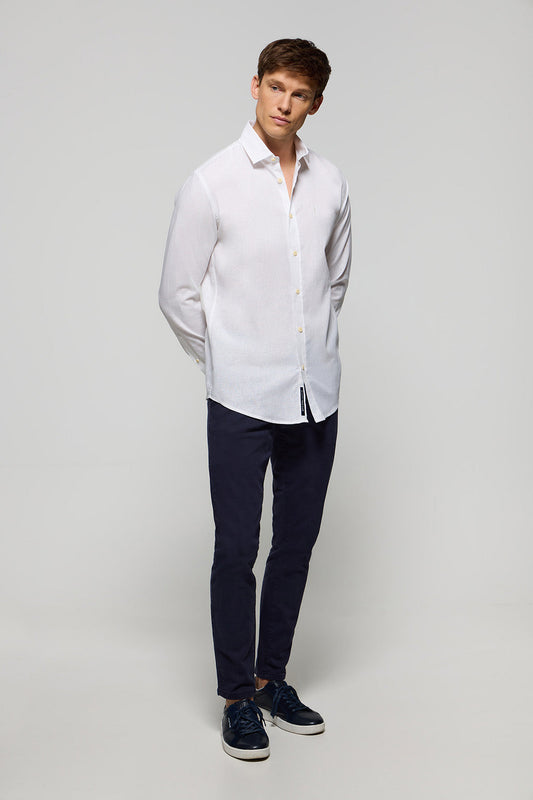White linen and cotton shirt with Rigby Go logo