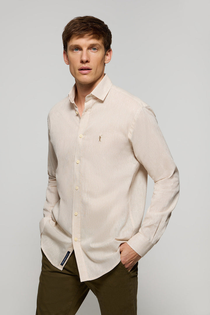 Camisa de lino y algodón beige con logo Rigby Go