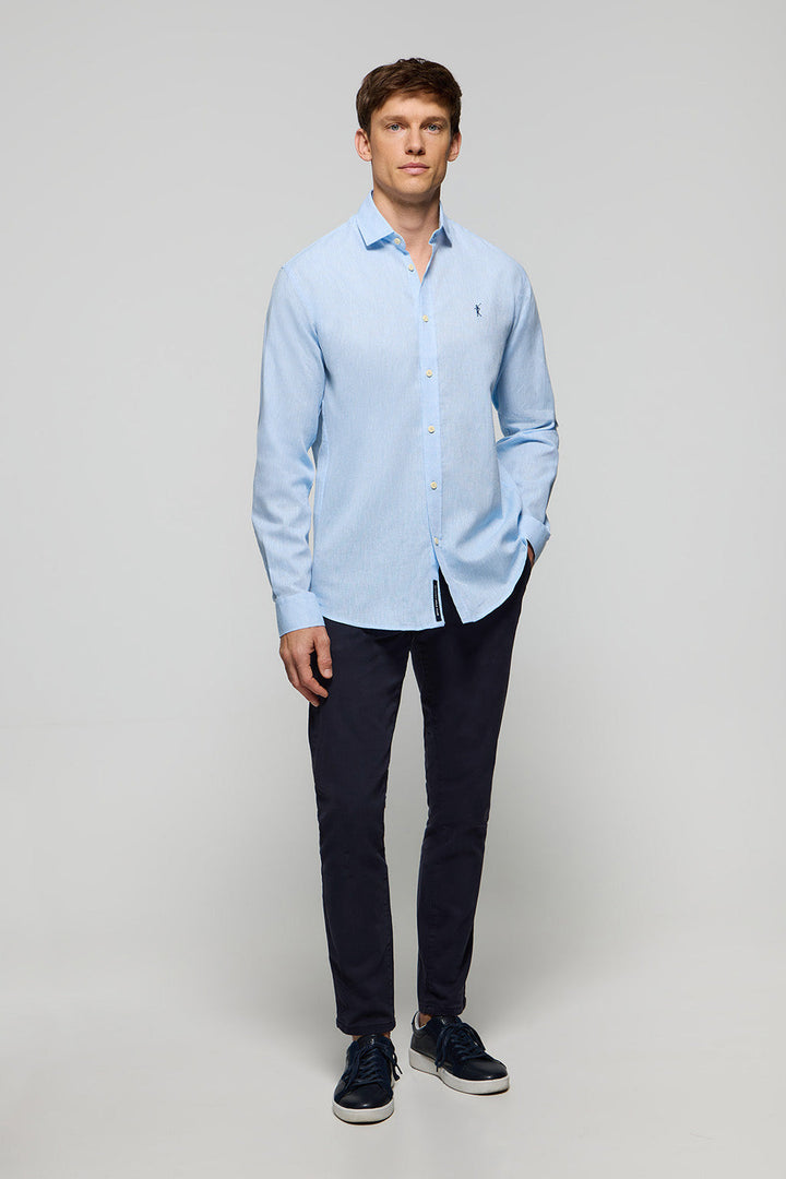 Sky-blue linen and cotton shirt with Rigby Go logo