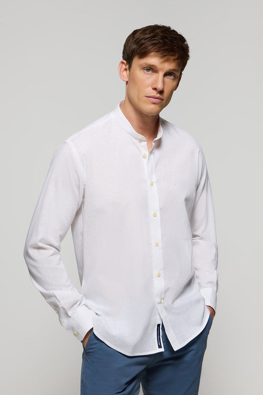 White linen and cotton shirt with Mandarin collar and Rigby Go logo