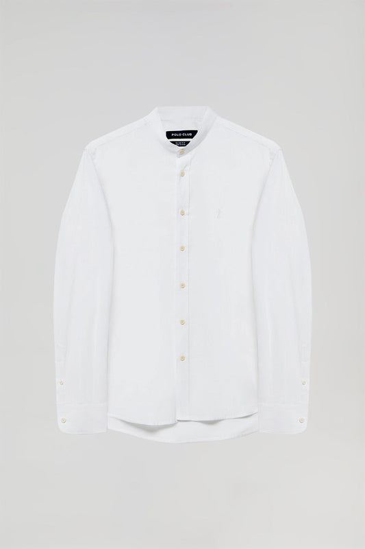 White linen and cotton shirt with Mandarin collar and Rigby Go logo