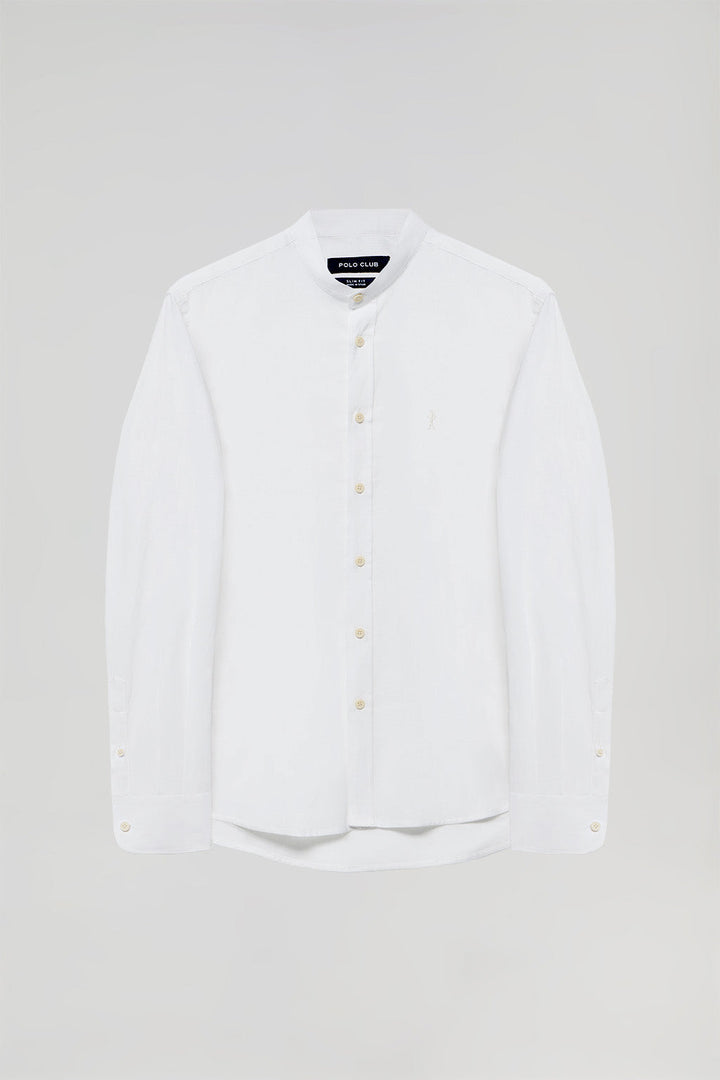 Hemd aus Leinen-Baumwollgemisch weiß mit Mao-Kragen und Rigby Go Logo