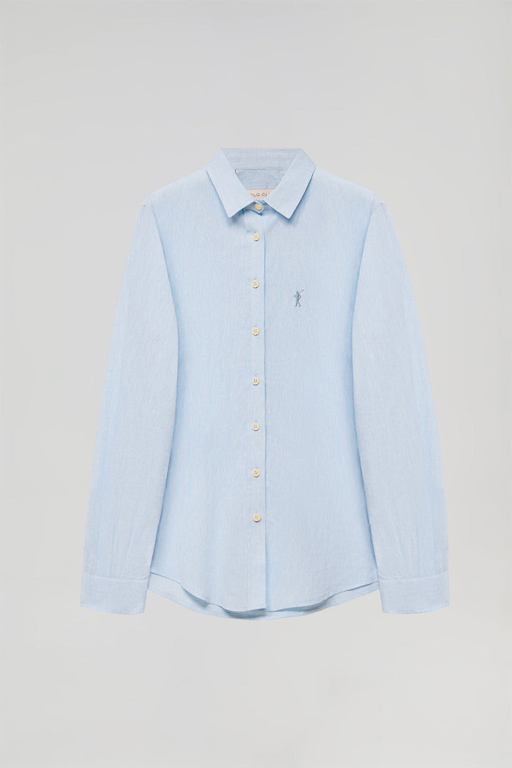 Lichtblauw hemd van linnen en katoen met geborduurd Rigby Go-detail