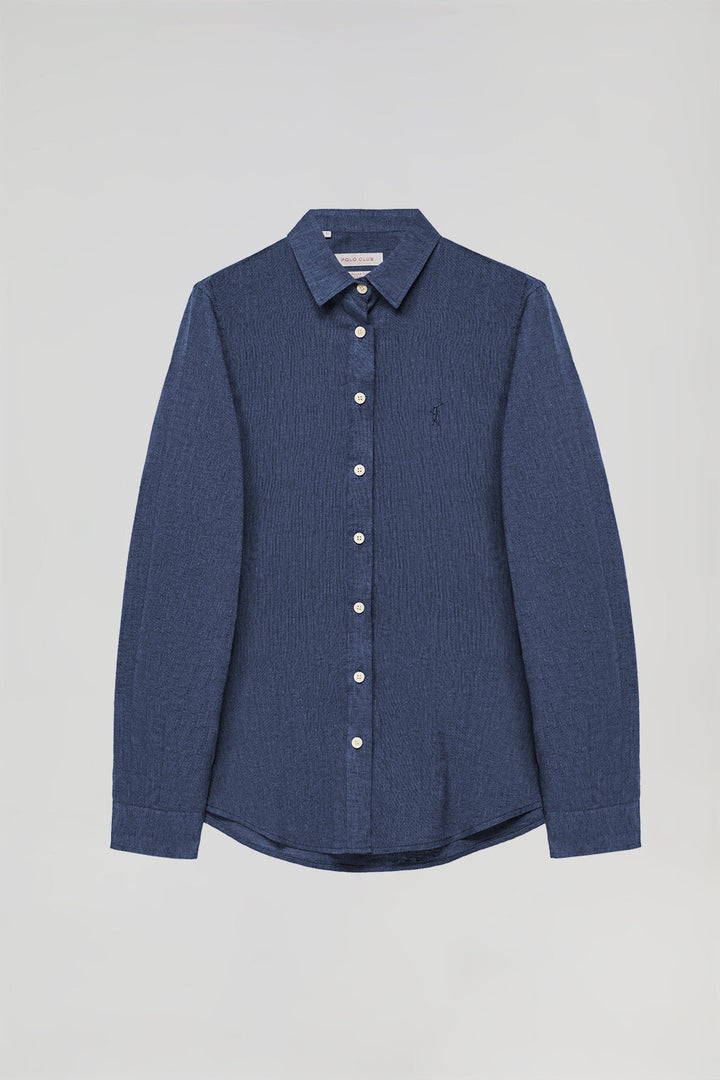 Marineblauw hemd van linnen en katoen met geborduurd Rigby Go-detail