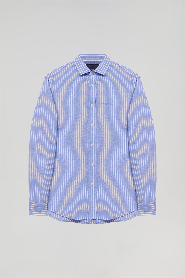 Blauw gestreept hemd "Milos" van katoen en linnen met geborduurd detail