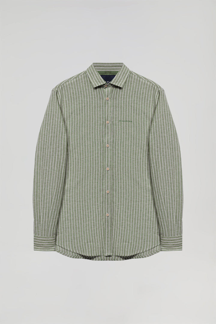 Camicia verde Milos in cotone e lino a righe con particolare ricamato