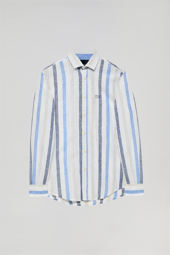 Camicia in cotone e lino a righe blu con logo Polo Club
