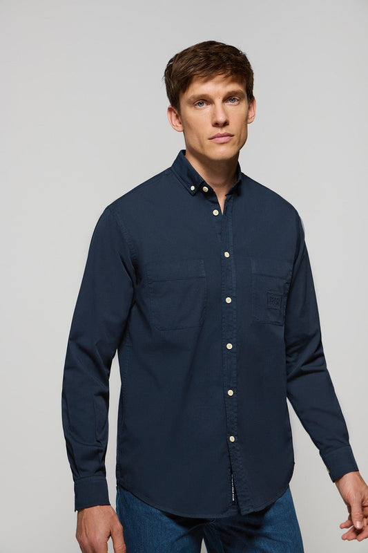 Marineblauw hemd van keperkatoen met borstzakken en Polo Club-logo