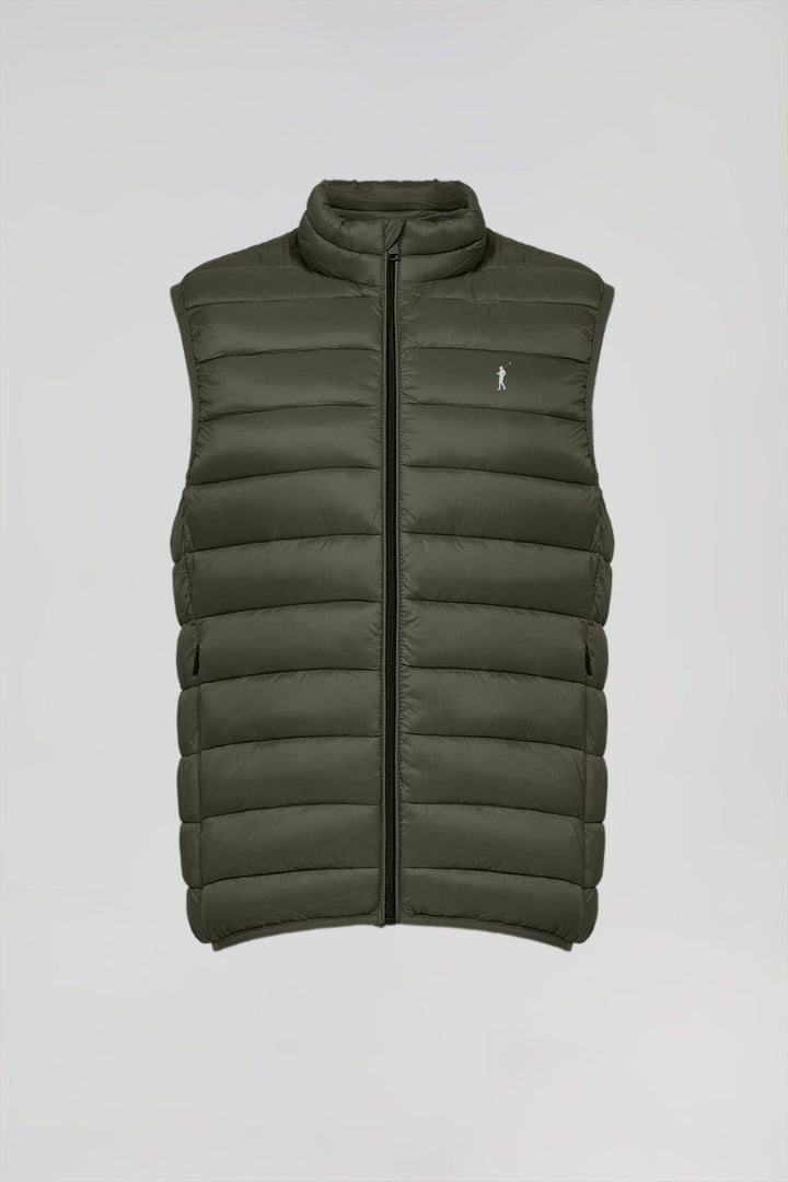 Dark-green light puffer vest with Rigby Go print