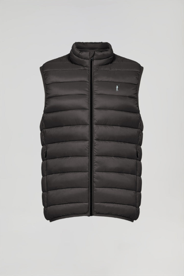 Grey light puffer vest with Rigby Go print