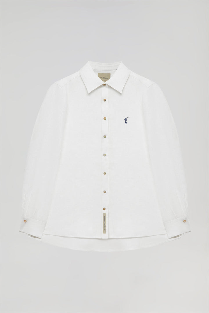 White linen shirt with Rigby Go embroidered detail