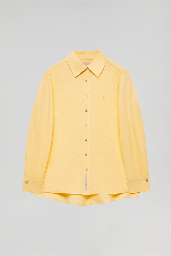 Lichtgeel linnen hemd met geborduurd Rigby Go-detail