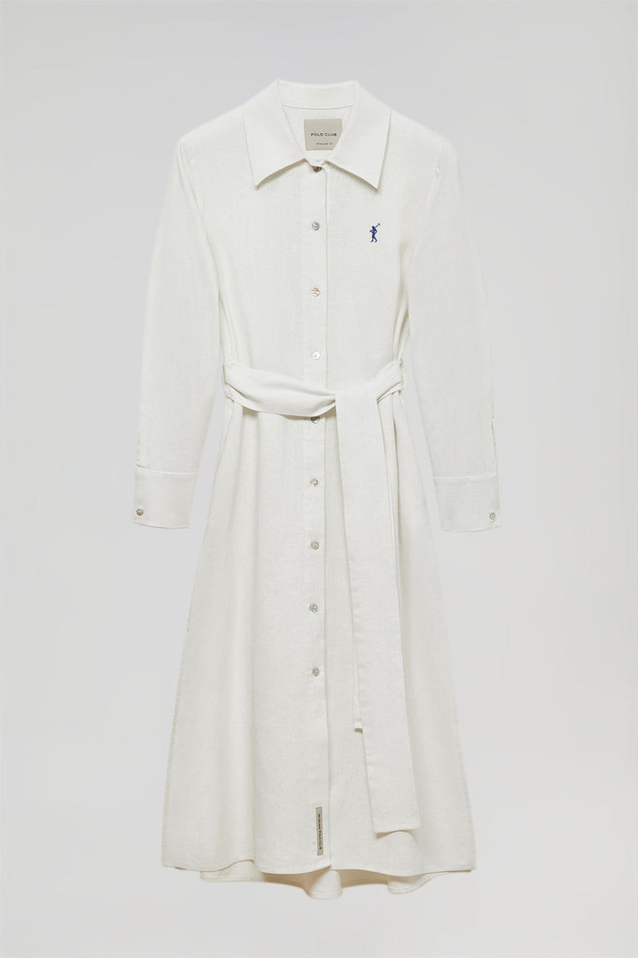 Lniana sukienka midi w kolorze białym z wyszywanym logo Rigby Go