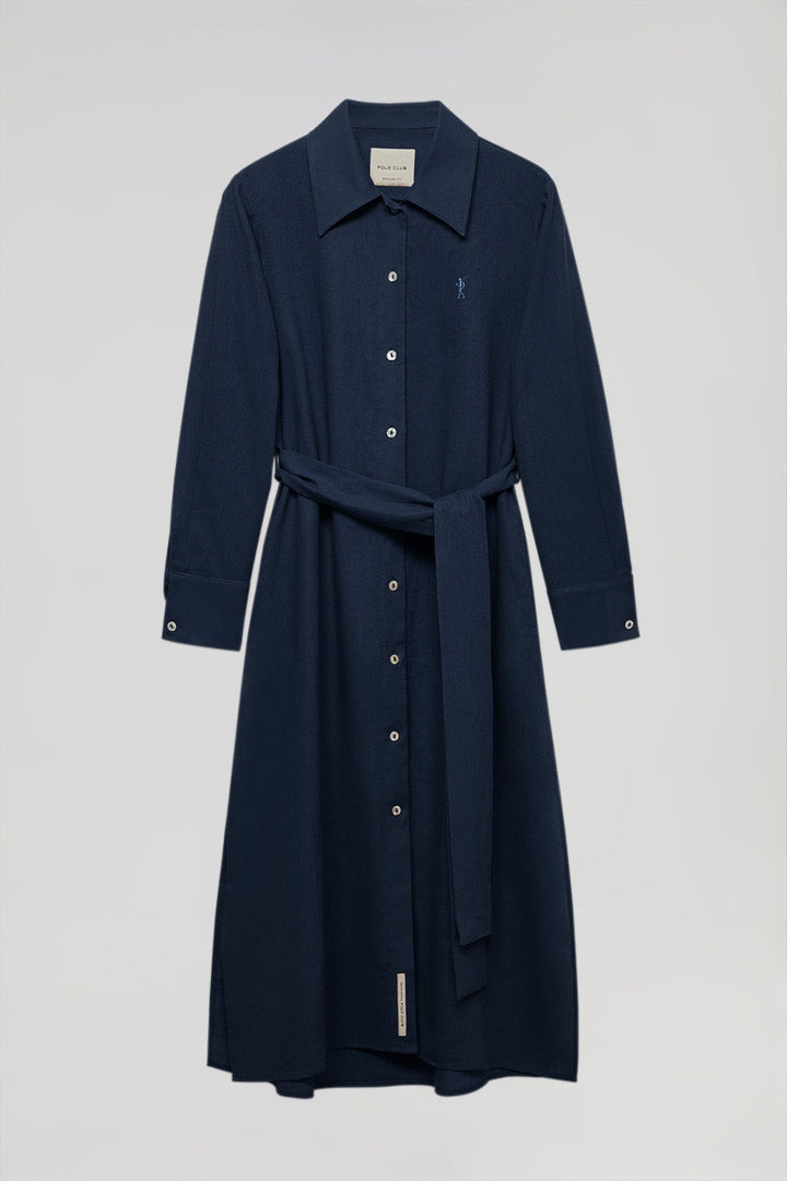 Marineblauwe linnen jurk met geborduurd Rigby Go-detail