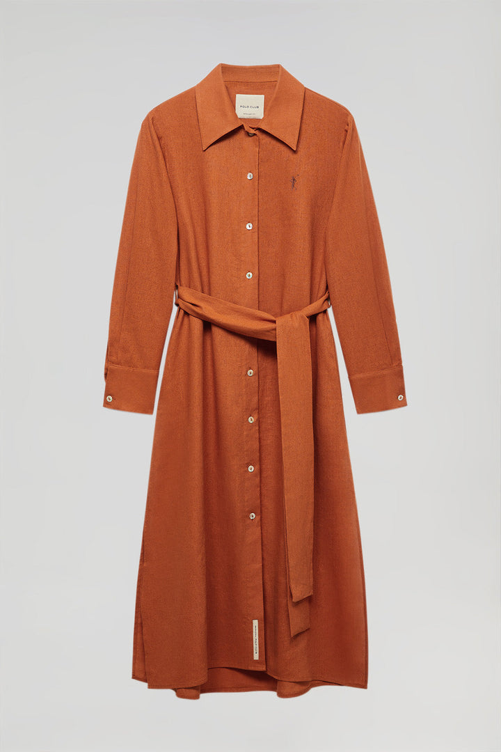 Oranjerode linnen jurk met geborduurd Rigby Go-detail