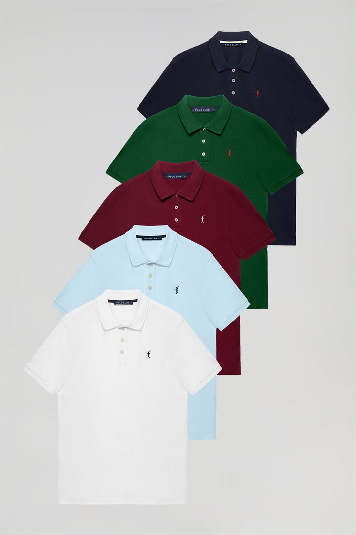 Zestawy pięciu koszulek polo w kolorach granatowym, jasnoniebieskim, białym, burgundowym i butelkowej zieleni z wyszywanym logo