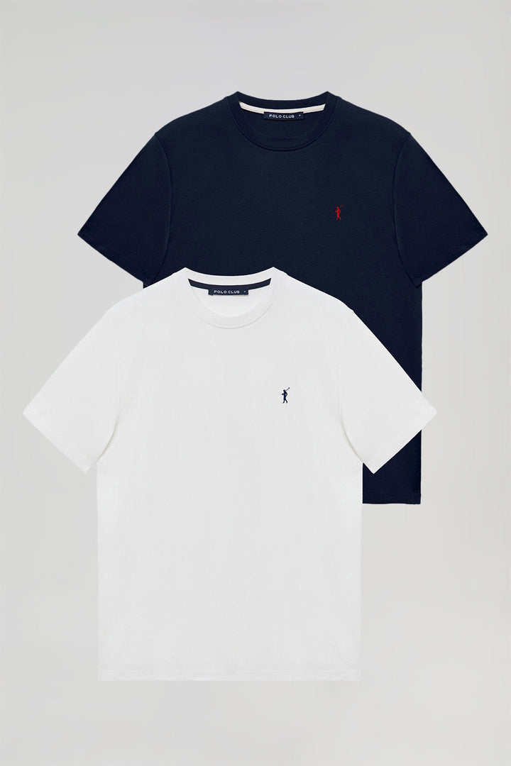 Pack van twee basic T-shirts in marineblauw en wit met geborduurd logo