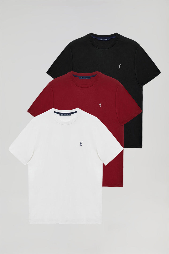 Pack mit drei schlichten kurzärmligen T-Shirts mit Logo-Stickerei, weiß, bordeauxrot und schwarz