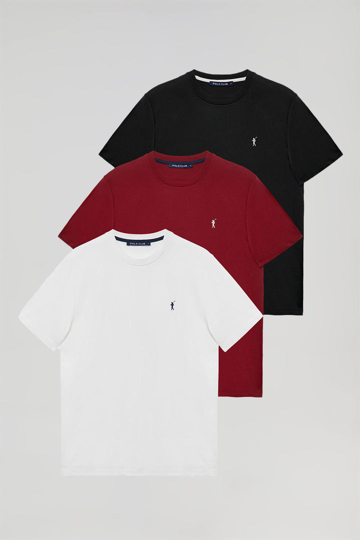Zestawy trzech uniwersalnych koszulek z krótkim rękawem w kolorze białym, bordowym i czarnym z wyszywanym logo